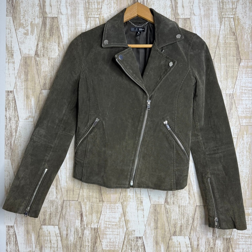 AQUA Womens S Suede Moto Jacket Olive Green Genuine Leather Small Biker Zip Coat